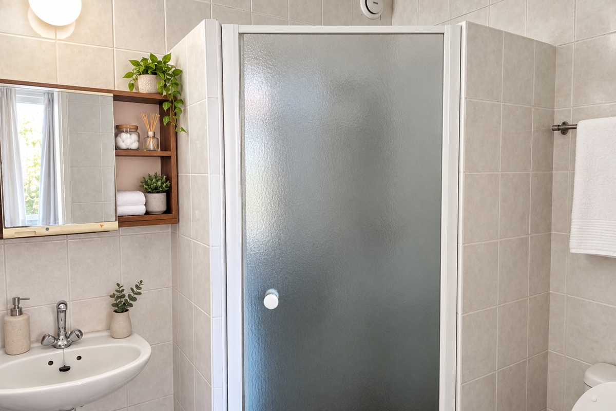 A functional bathroom featuring a shower enclosure, wall-mounted basin with mixer tap, and neutral wall tiling throughout.
