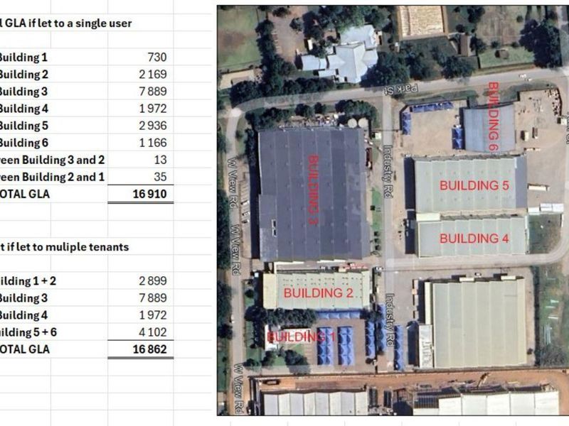 Aerial view of the commercial property site plan, detailing the layout and gross leasable area for the six individual buildings on the premises.