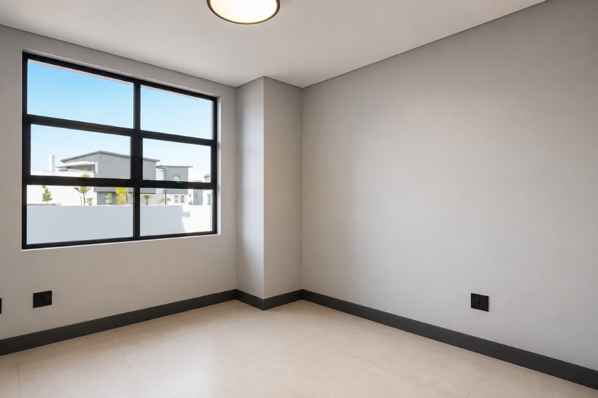 A bright, modern, and empty bedroom featuring neutral walls, tiled flooring, and large black-framed windows providing natural light.