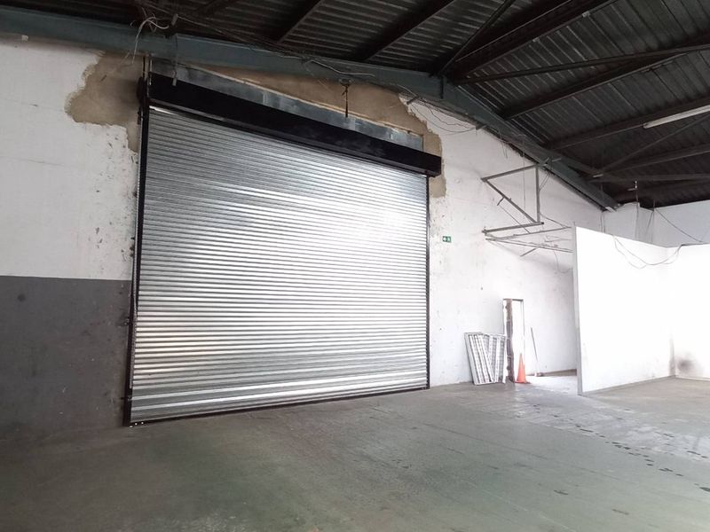 Spacious industrial warehouse unit featuring a high-clearance ceiling, concrete flooring, and a large metal roller shutter door for vehicle access.