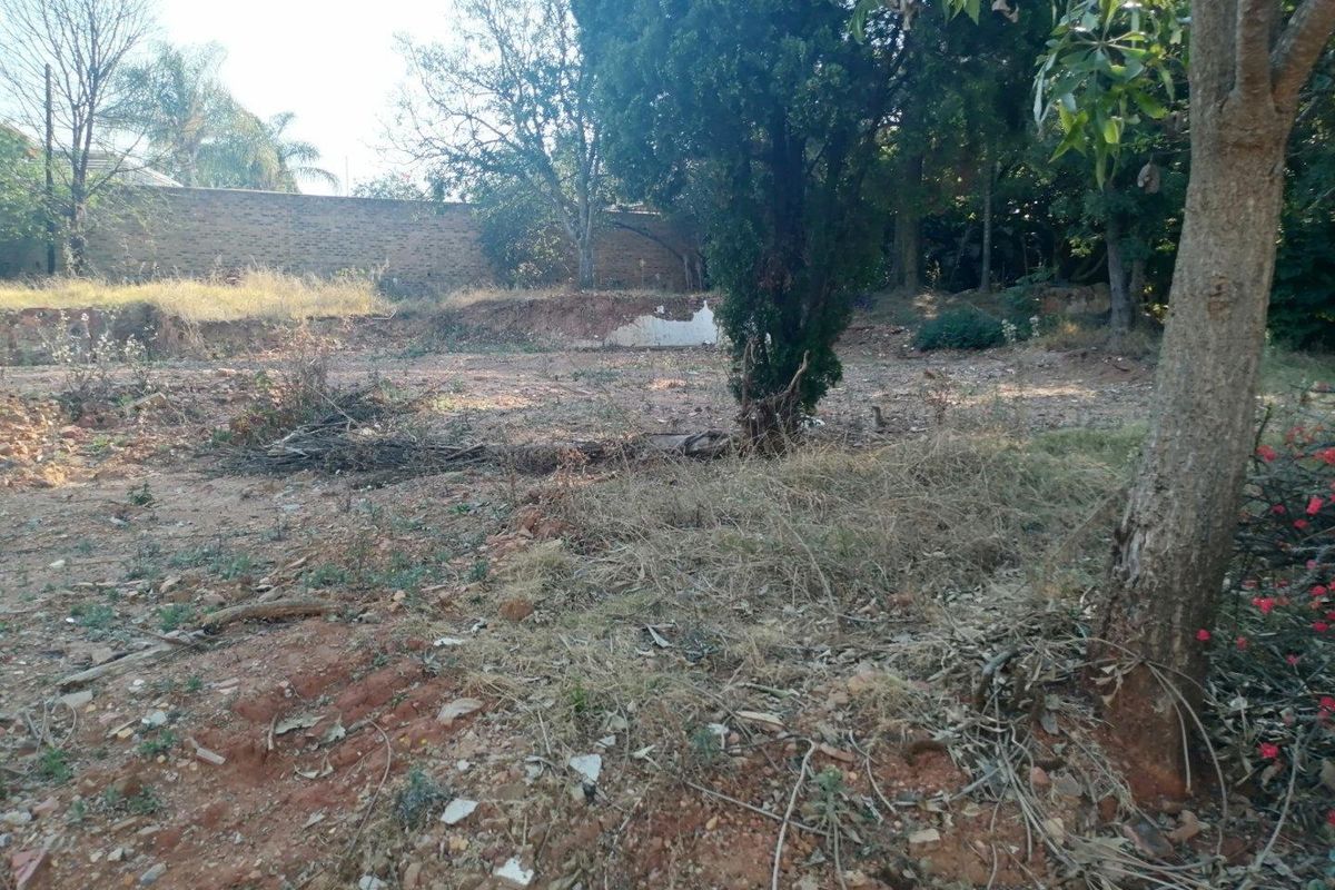A vacant residential plot featuring mature trees and a brick boundary wall, requiring clearing and landscaping for development.