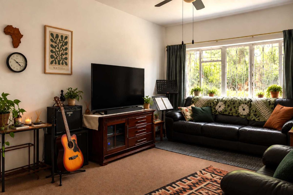A cozy living room featuring a large window with security bars, a ceiling fan, and neutral wall finishes.