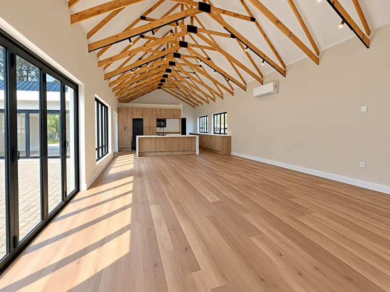 Spacious open-plan living and kitchen area featuring high vaulted ceilings with exposed timber trusses, modern cabinetry, and large glass doors leading to the patio.