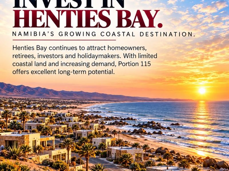 Promotional marketing flyer for a new residential land development in Henties Bay, Namibia, highlighting coastal location and investment potential.