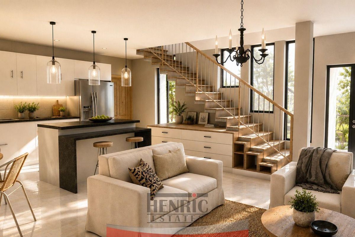 Modern open-plan living area featuring a sleek kitchen with island, integrated staircase with built-in storage, and large glass doors leading to the exterior.