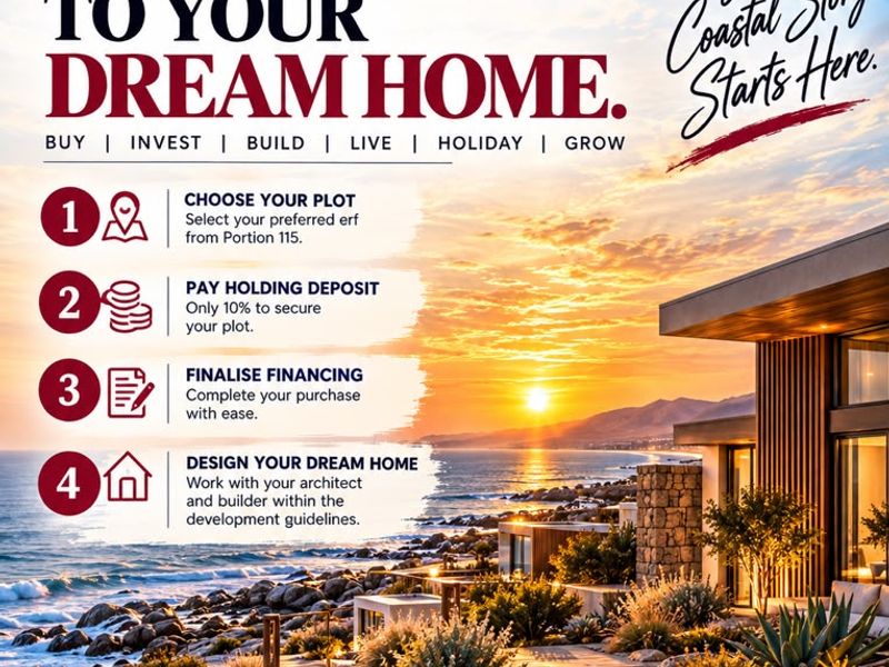 Promotional marketing flyer for a new residential land development project in Henties Bay, featuring conceptual imagery of coastal property.