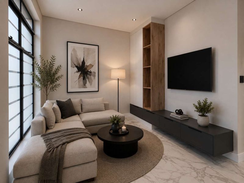 Modern living room featuring sleek built-in cabinetry, marble-look flooring, and large windows that provide ample natural light.