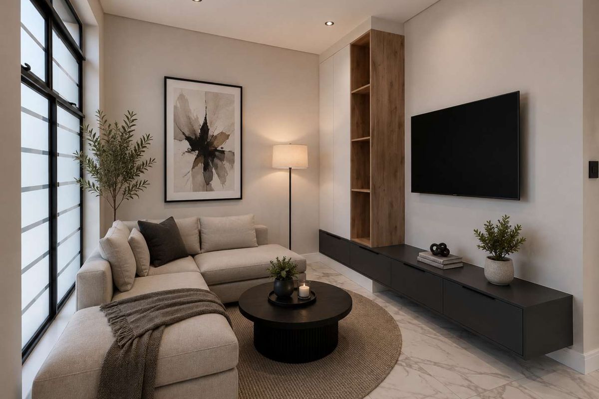 Modern living room featuring sleek built-in cabinetry, marble-look flooring, and large windows that provide ample natural light.