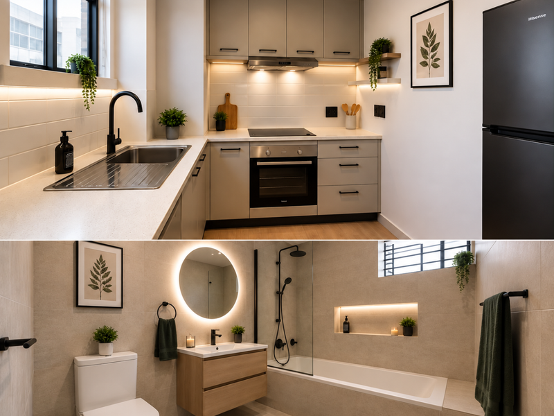 A composite image showcasing a modern kitchen with integrated appliances and a contemporary bathroom featuring a backlit mirror and recessed shower niche.