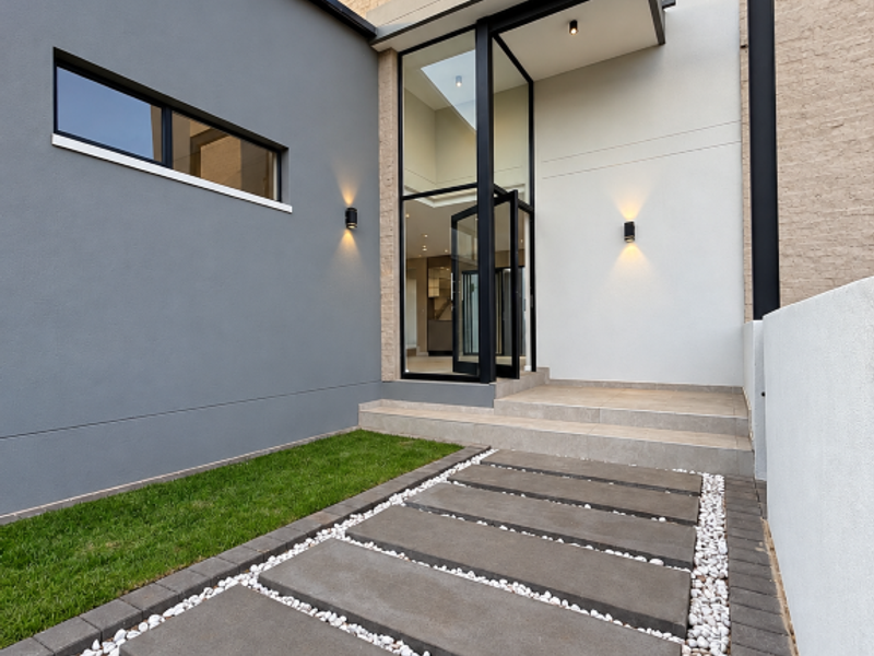 Modern front entrance featuring a striking double-volume glass pivot door, concrete paver walkway, and contemporary architectural finishes with stone cladding accents.