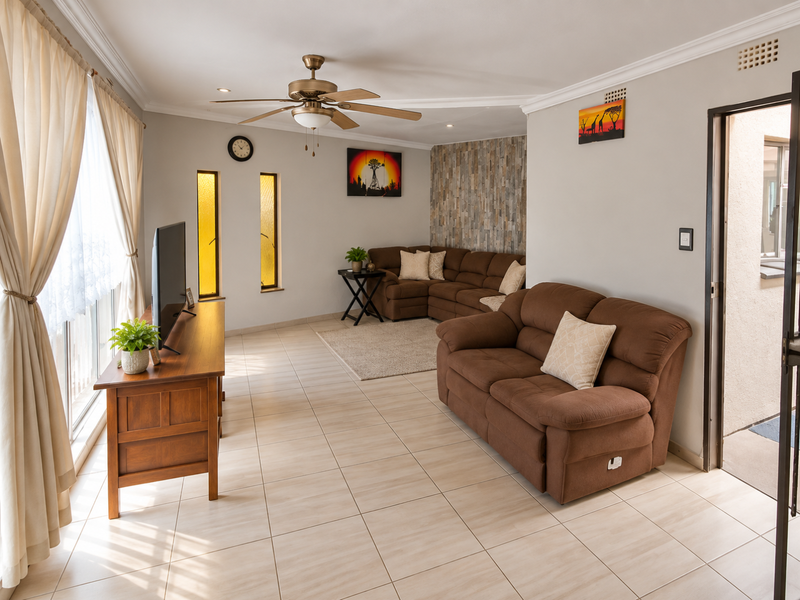 A well-maintained living room featuring tiled floors, a stone accent wall, ceiling fan, and natural light through large sliding glass doors.