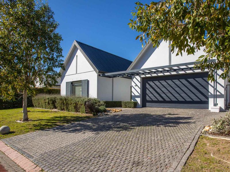 Modern front elevation featuring a pitched metal roof, paved driveway, integrated garage, and well-maintained landscaped garden.