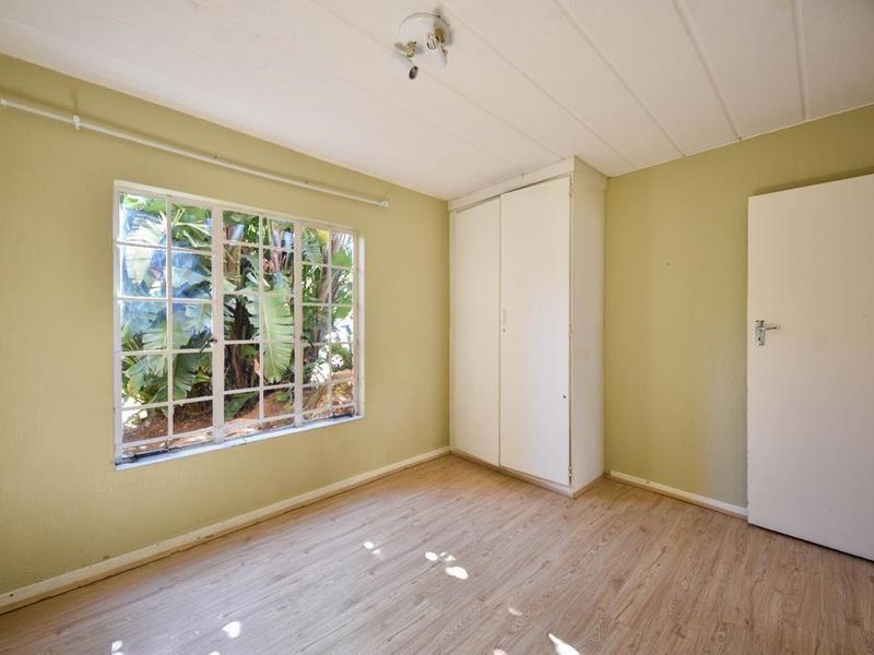 An empty bedroom featuring laminate flooring, a built-in wardrobe, and a steel-framed window overlooking garden greenery.