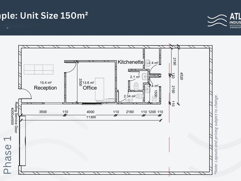 Architectural floor plan for a 150m² industrial unit featuring a reception, office, kitchenette, and restroom facilities.