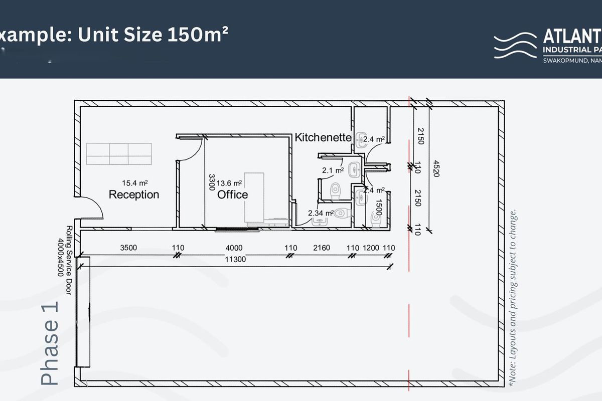 Architectural floor plan for a 150m² industrial unit featuring a reception, office, kitchenette, and restroom facilities.