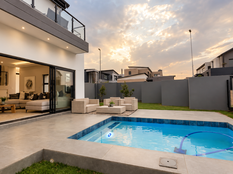 Modern outdoor living area featuring a tiled patio, a swimming pool, and seamless indoor-outdoor flow through large sliding glass doors.