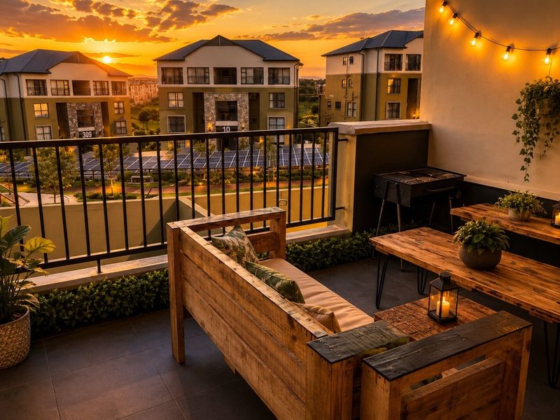 A well-maintained balcony featuring tiled flooring, a secure metal balustrade, and ambient string lighting, offering pleasant views of the surrounding apartment complex at sunset.