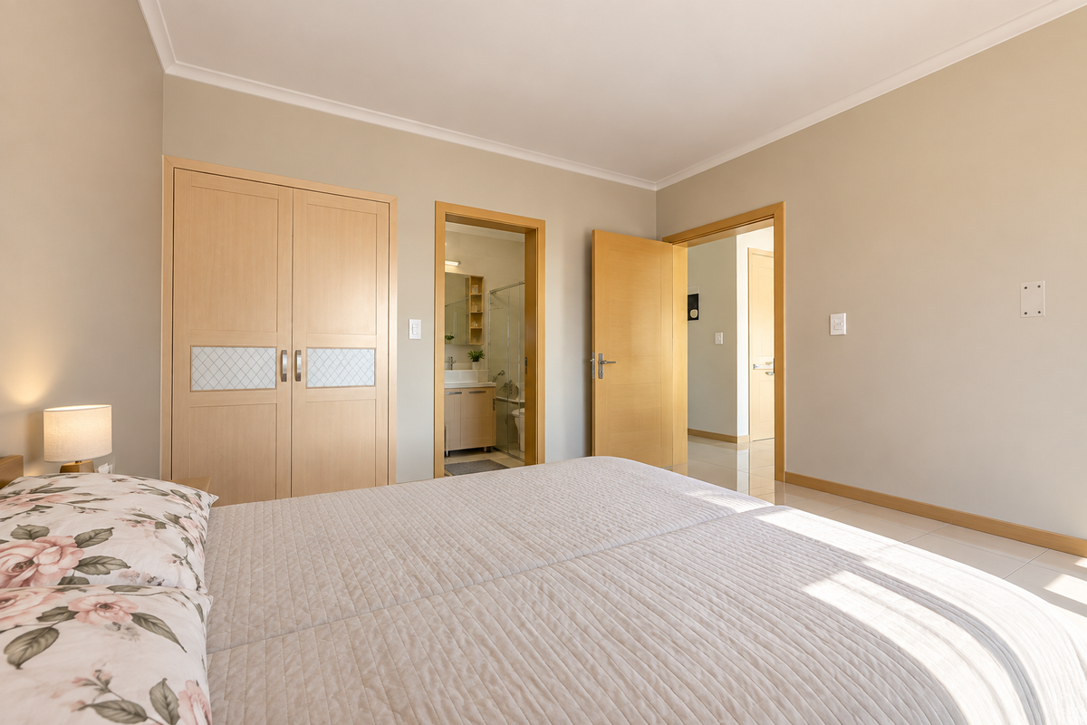 A well-maintained bedroom featuring built-in wooden cupboards, tiled flooring, and direct access to an en-suite bathroom.