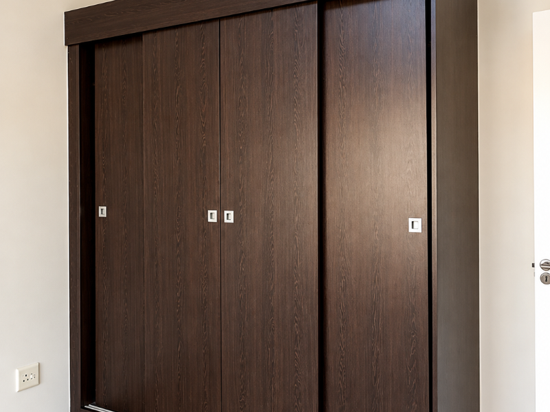 A bedroom featuring a modern dark wood built-in wardrobe with sliding doors and neutral tiled flooring.
