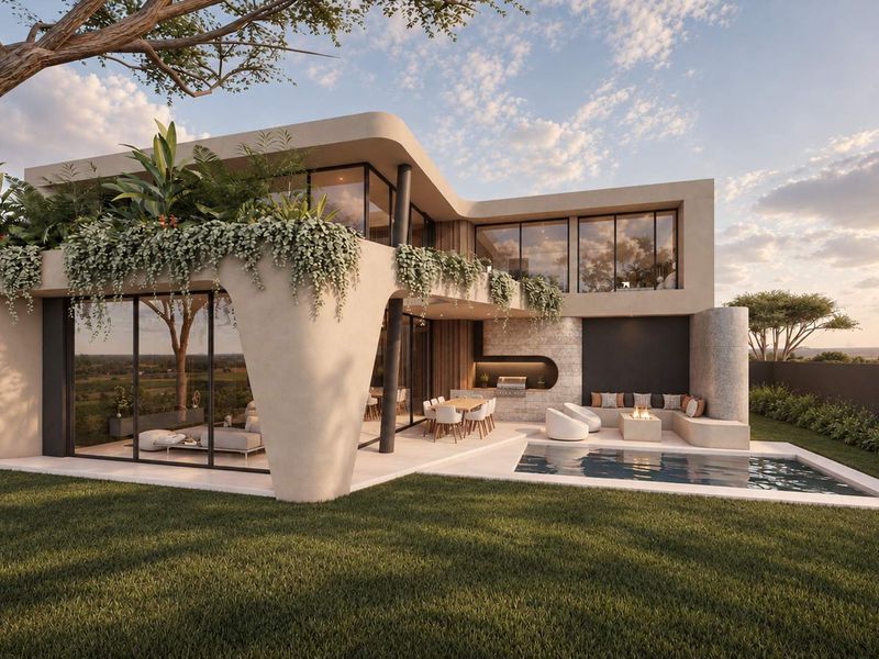 Modern luxury rear exterior featuring a swimming pool, integrated outdoor kitchen, fireplace, and expansive glass sliding doors opening to a landscaped garden.