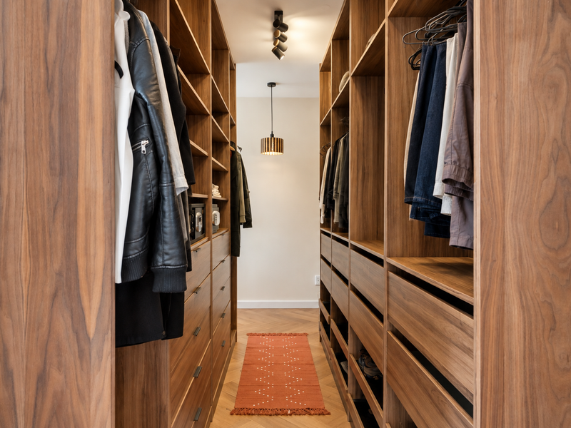 A well-appointed walk-in closet featuring custom floor-to-ceiling walnut cabinetry, integrated shelving, drawers, and modern lighting fixtures with elegant herringbone wood flooring.