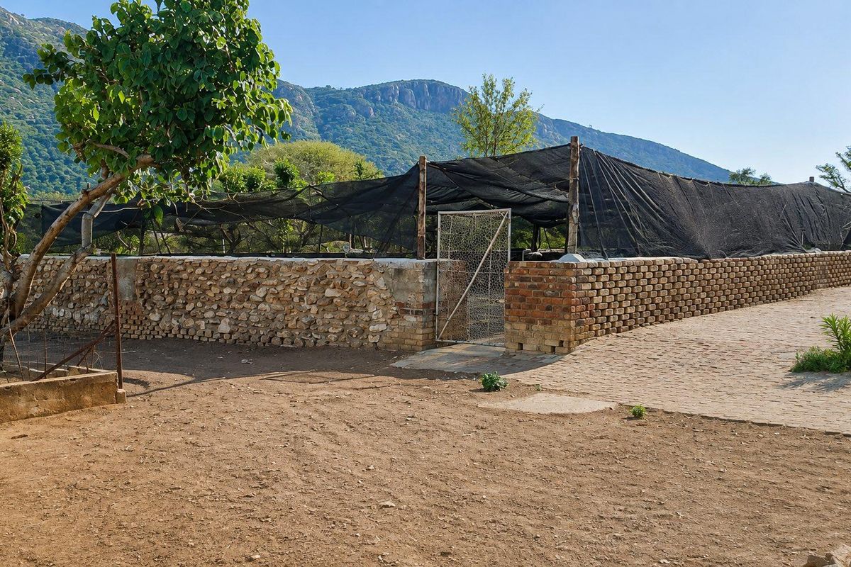 An outdoor agricultural or nursery area featuring a brick and stone boundary wall, shade netting structure, and a metal gate with mountain views.