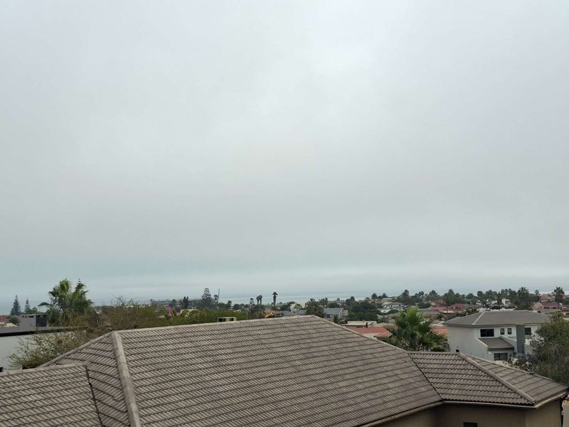 An elevated view overlooking the surrounding residential neighborhood and distant coastline under an overcast sky.