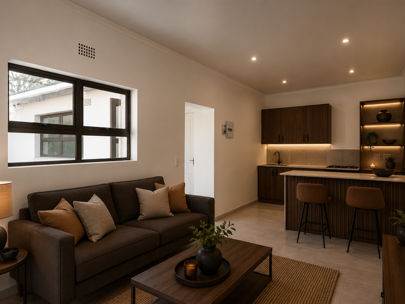 Modern open-plan living area featuring a sleek kitchen with built-in cabinetry, island seating, and recessed lighting, seamlessly integrated with a comfortable lounge space.