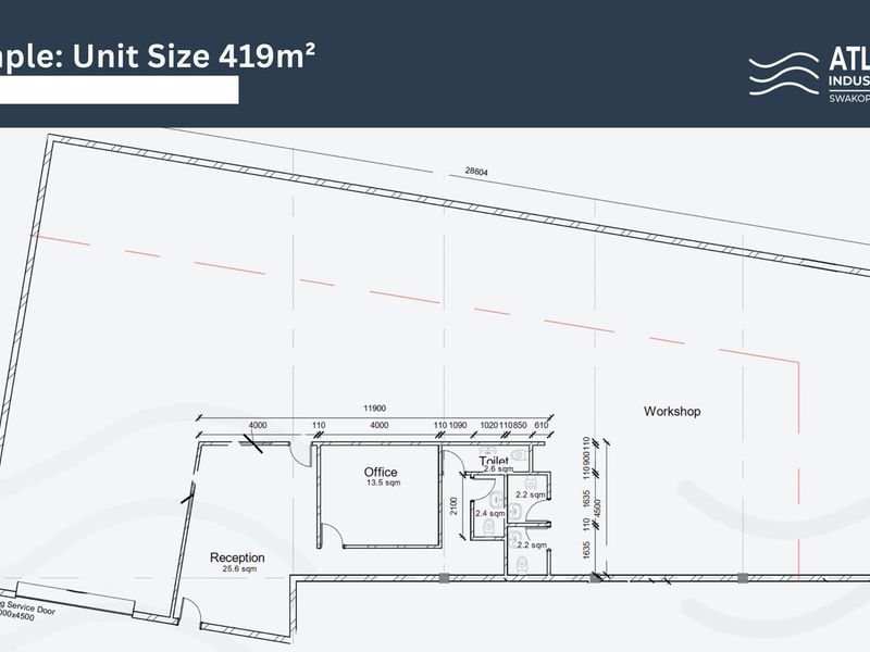 Architectural floor plan for a 419m² industrial unit featuring a reception, office, toilet facilities, and a large workshop area with a rolling service door.