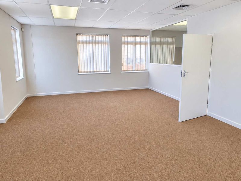 A bright, vacant office space featuring neutral carpet flooring, a suspended ceiling with recessed lighting, and large windows with vertical blinds.