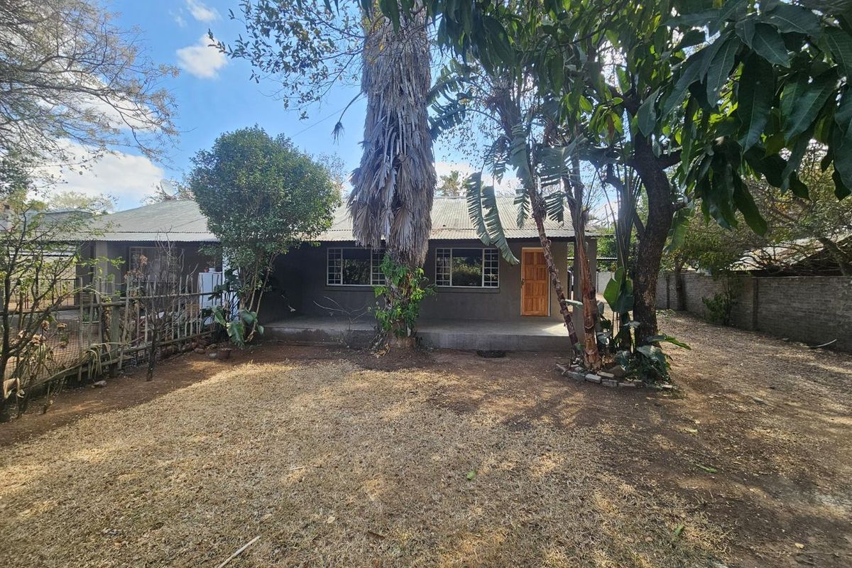 Rear view of the house featuring a concrete patio, corrugated metal roof, and established garden area with mature trees and boundary walling.
