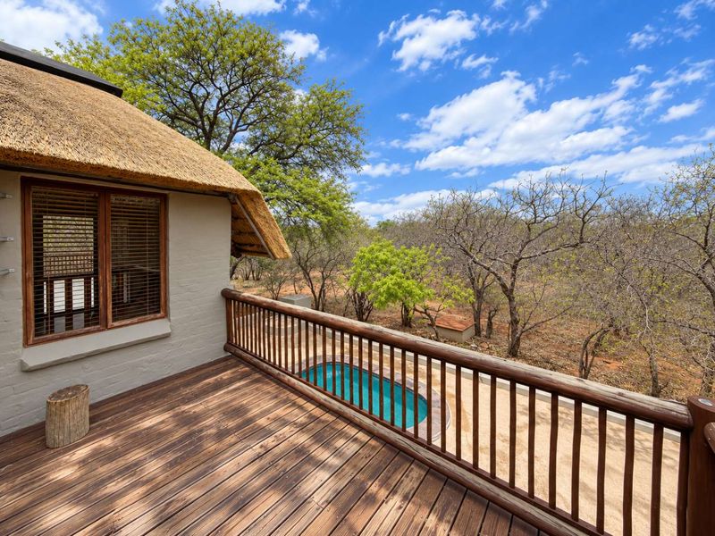 Elevated timber balcony with thatch roof overhang, featuring a wooden balustrade and overlooking a private swimming pool and natural bushveld surroundings.