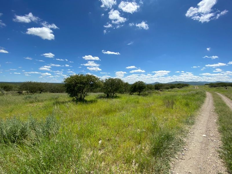 A scenic view of the open landscape on the small holding, featuring a dirt access road and natural vegetation under a clear blue sky.