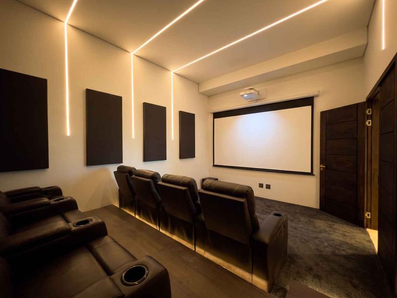A modern, professionally finished home cinema room featuring tiered seating, a large projector screen, acoustic wall treatments, and integrated LED strip lighting.