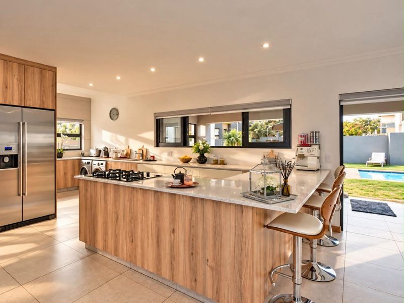 Modern open-plan kitchen featuring wood-finish cabinetry, stone countertops, a central island with a gas hob, and direct access to the outdoor pool area.