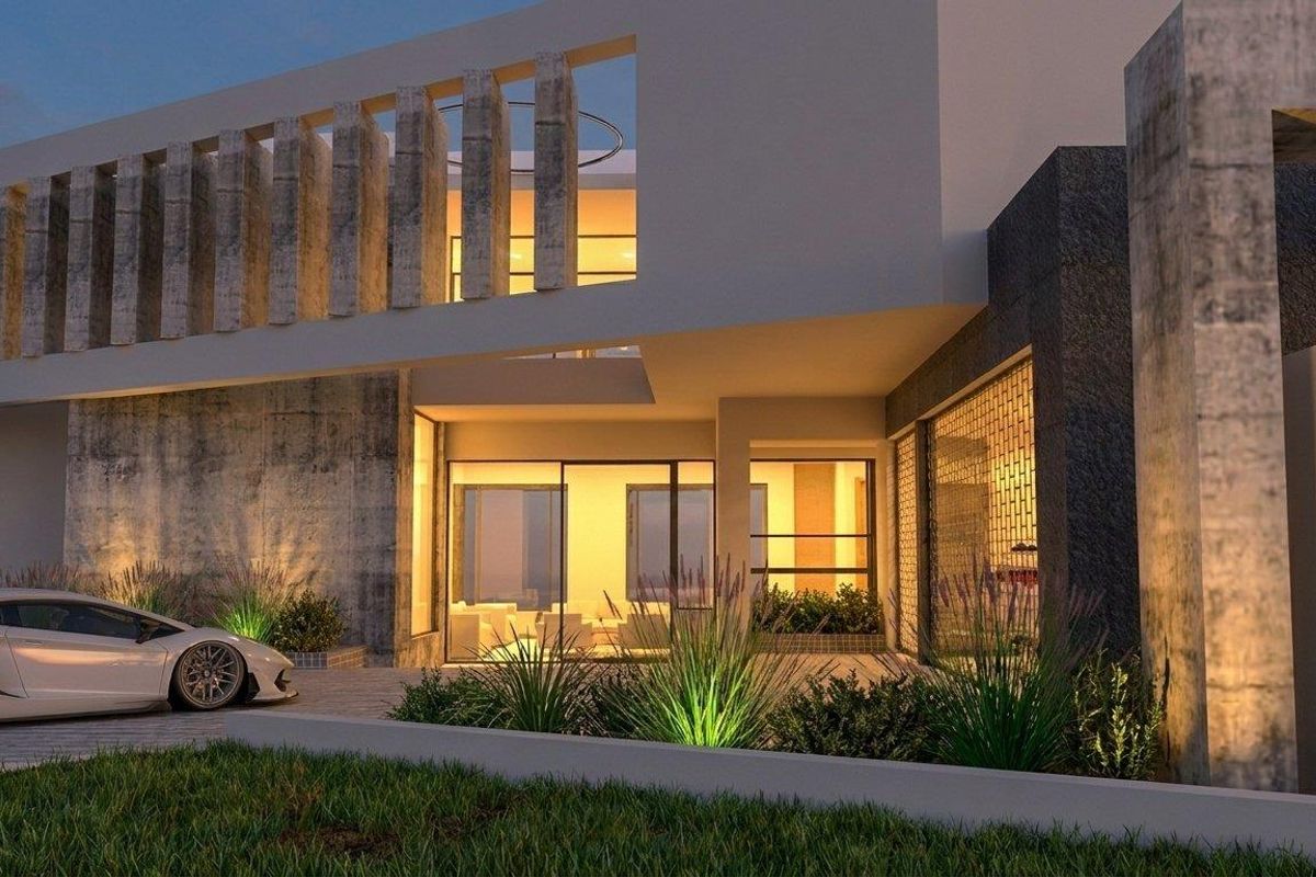 Modern architectural front facade featuring concrete textures, stone cladding, and expansive glass sliding doors with integrated exterior lighting.
