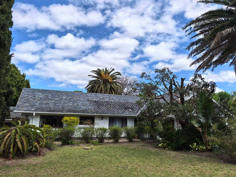 A view of the rear exterior of the house featuring a pitched slate roof, white facade, and established garden surroundings.