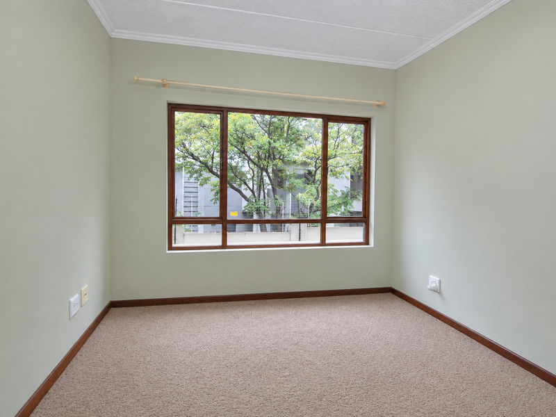 A bright, empty bedroom featuring neutral walls, carpeted flooring, and a large timber-framed window providing natural light and a pleasant outdoor view.