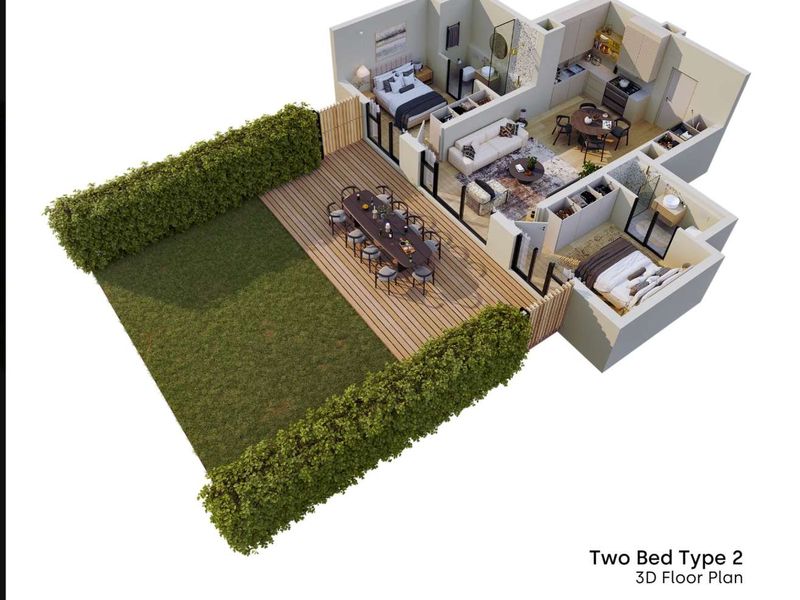 A 3D floor plan rendering of a two-bedroom apartment featuring an open-plan living area, kitchen, two bathrooms, and a private garden with decking.