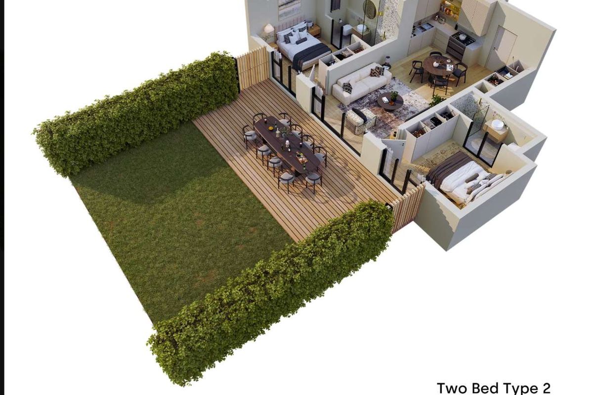 A 3D floor plan rendering of a two-bedroom apartment featuring an open-plan living area, kitchen, two bathrooms, and a private garden with decking.