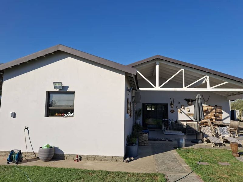 Rear view of the property featuring a covered patio area with exposed roof trusses, paved walkway, and well-maintained exterior walls.