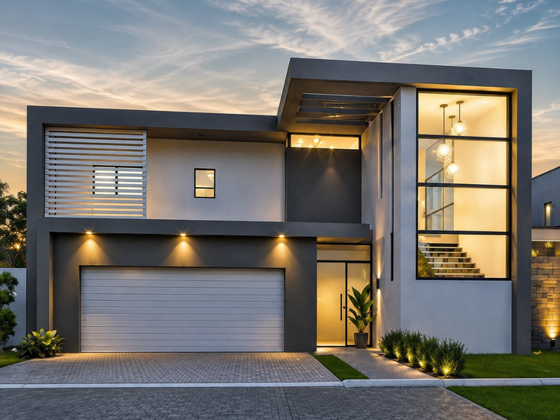 Modern contemporary two-story home featuring a double garage, paved driveway, and a striking glass-fronted staircase illuminated by feature pendant lighting.