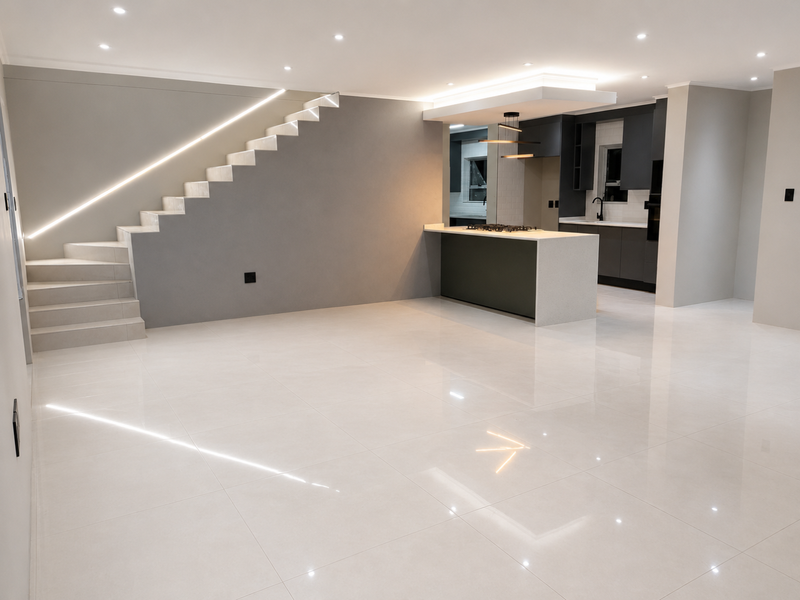 Modern open-plan living area featuring a sleek kitchen with island, gas hob, and a contemporary staircase with integrated LED lighting.
