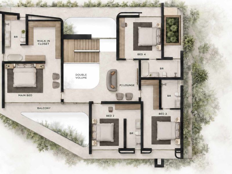 A detailed architectural floor plan showing the layout of the upper level, including four bedrooms, bathrooms, a PJ lounge, and a balcony.