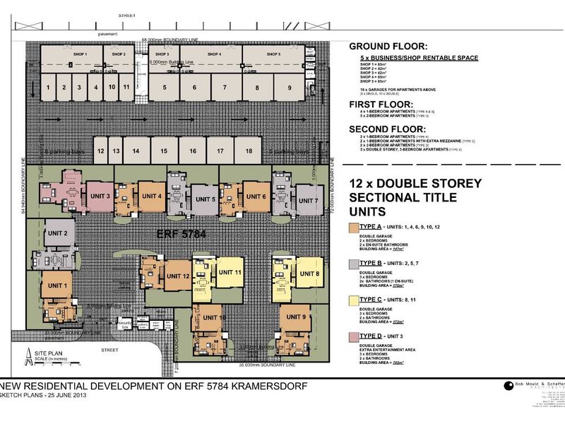 Architectural site plan and floor layout for a residential development featuring multiple unit types and commercial shop spaces.