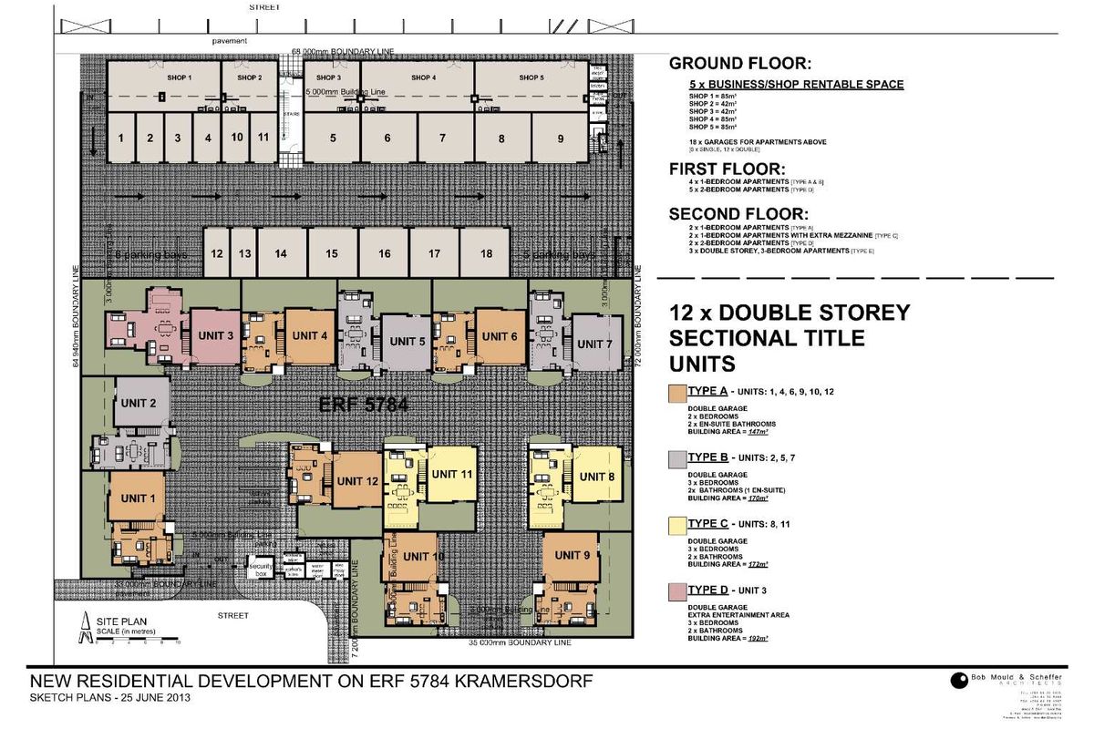 Architectural site plan and floor layout for a residential development featuring multiple unit types and commercial shop spaces.
