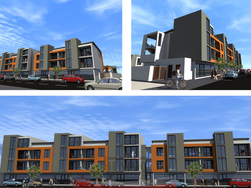 A digital architectural rendering of a modern multi-story apartment complex featuring ground-floor commercial space and private balconies.