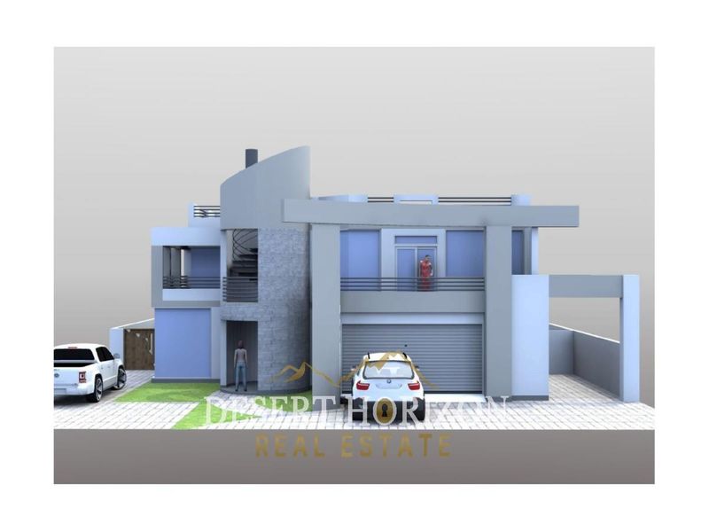 A 3D architectural rendering of a modern two-story residential property featuring a garage, balcony, and contemporary facade design.