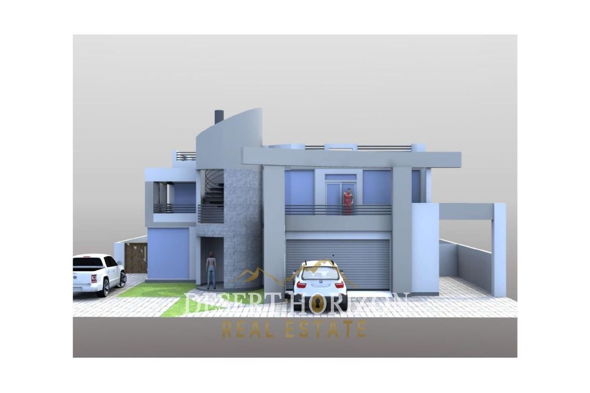 A 3D architectural rendering of a modern two-story residential property featuring a garage, balcony, and contemporary facade design.