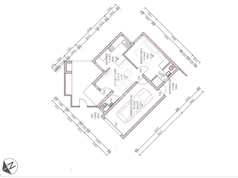 Architectural floor plan showing the layout of a residential unit including a kitchen, living room, bedroom, bathroom, WC, and a single garage.